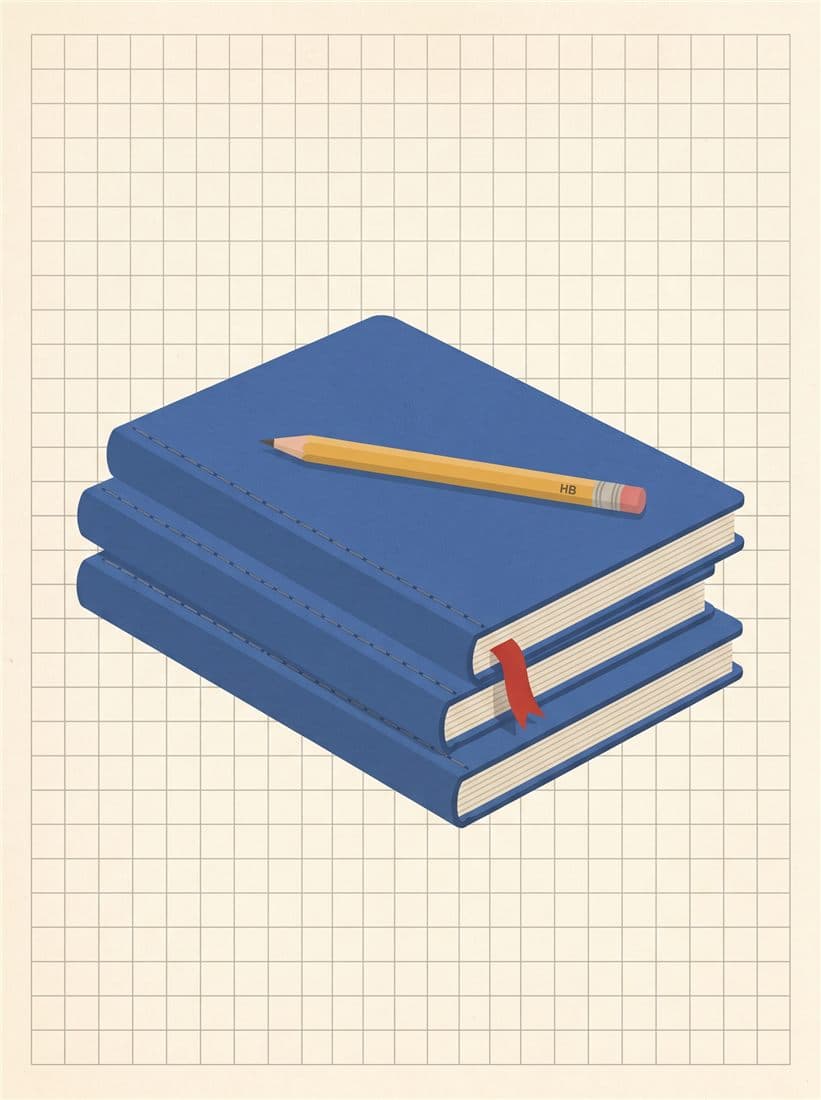 Portada del cuaderno Cuadernín de muestra: libros azules con un lápiz HB sobre fondo cuadriculado