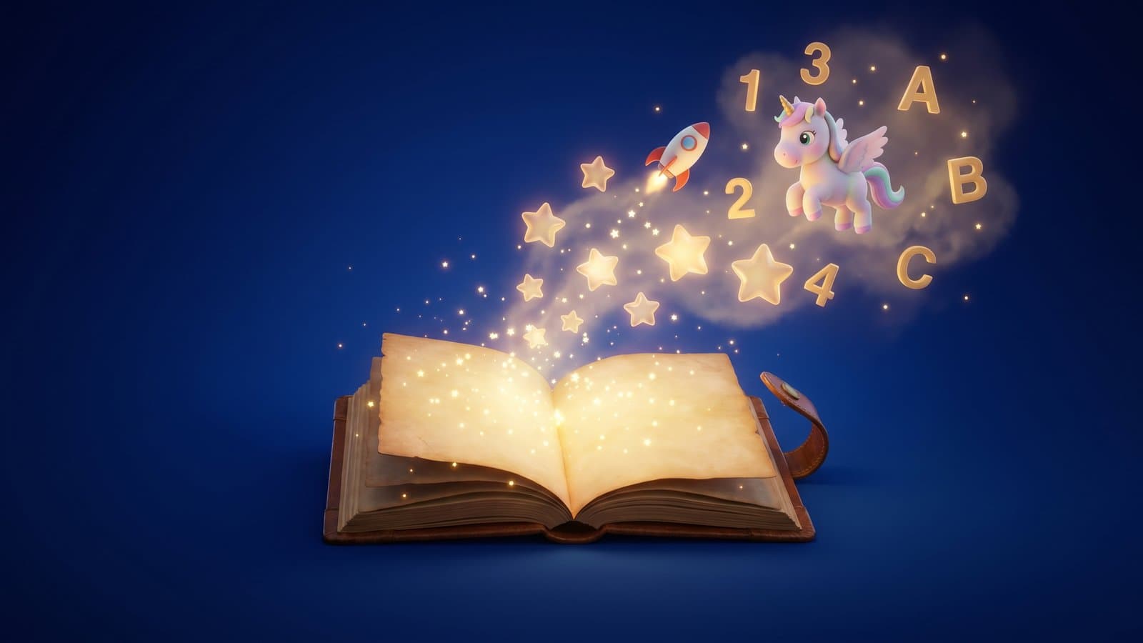 Un cuaderno mágico del que salen estrellas, números y letras